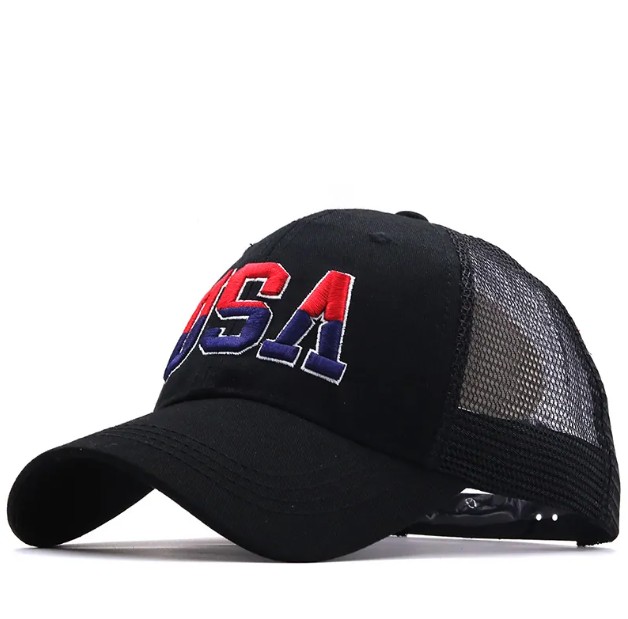 Mens Adjustable Embroider USA Mesh Trucker Cap In Black