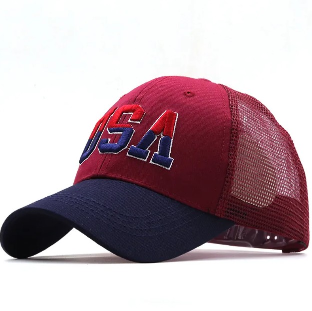 Mens Adjustable Embroider USA Mesh Trucker Cap In Burgundy