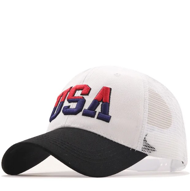 Mens Adjustable Embroider USA Mesh Trucker Cap In White